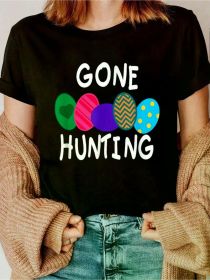 Gone Easter Egg Hunting Tshirt Happy Easter Shirt Girls Printed T-Shirt, Short-Sleeved Crew Neck Casual Top, (Color: Black, size: L)
