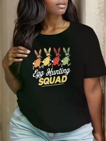 Ladies Plus Size Easter Bunny Egg Hunting Team T-shirt - Bright Short Sleeve, Casual Sport T-shirt, 100% Cotton, Machine Washable (Color: Black, size: L)