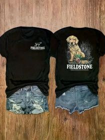 Women's Casual T-Shirt with Dual-Sided Hunting Dog & "FILDSTONE" Print, 180g Soft & Breathable Round Neck (Color: Black, size: S)