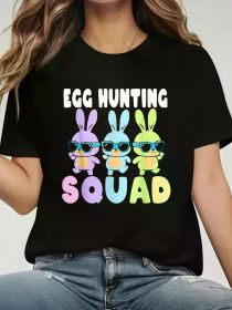 Women's "Egg Hunting Squad" Graphic Tee - Funny Easter Bunny Design, Casual Round Neck Short Sleeve T-Shirt, Black with Colorful Bunny Illustrati (Color: Black, size: XL)