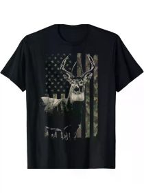 Hunting Camo American Flag Deer T-ShirtCouple Clothing 2025 (Color: Black, size: M)