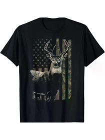 Hunting Camo American Flag Deer T-ShirtCouple Clothing 2025 (Color: Black, size: XXXL)
