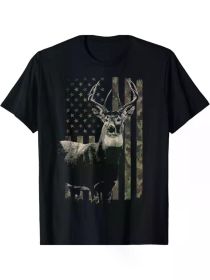 Hunting Camo American Flag Deer T-ShirtCouple Clothing 2025 (Color: Black, size: L)