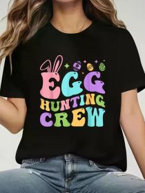Women's Easter Egg Hunting Crew T-Shirt - Soft Round Neck Short Sleeve Graphic Tee with Playful Bunny & Egg Design, Casual Summer Top for Women (Color: Black, size: M)
