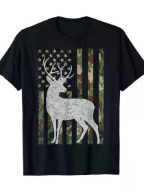 Camo USA Flag Deer Elk Buck Camoflage Hunting Hunter Gift T-Shirt (Color: Black, size: M)