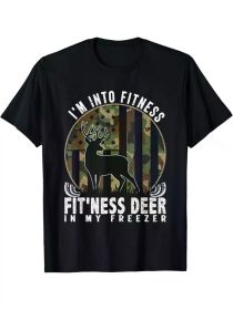 Funny 'I'm Into Fitness Deer in My Freezer' Hunting Tee - Men's Black Cotton T-Shirt with Camo Deer Graphic (Color: Black, size: L)